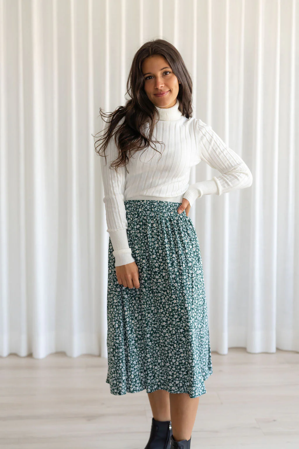 Jupe fleurie à taille élastique - vert fougère - Image 3